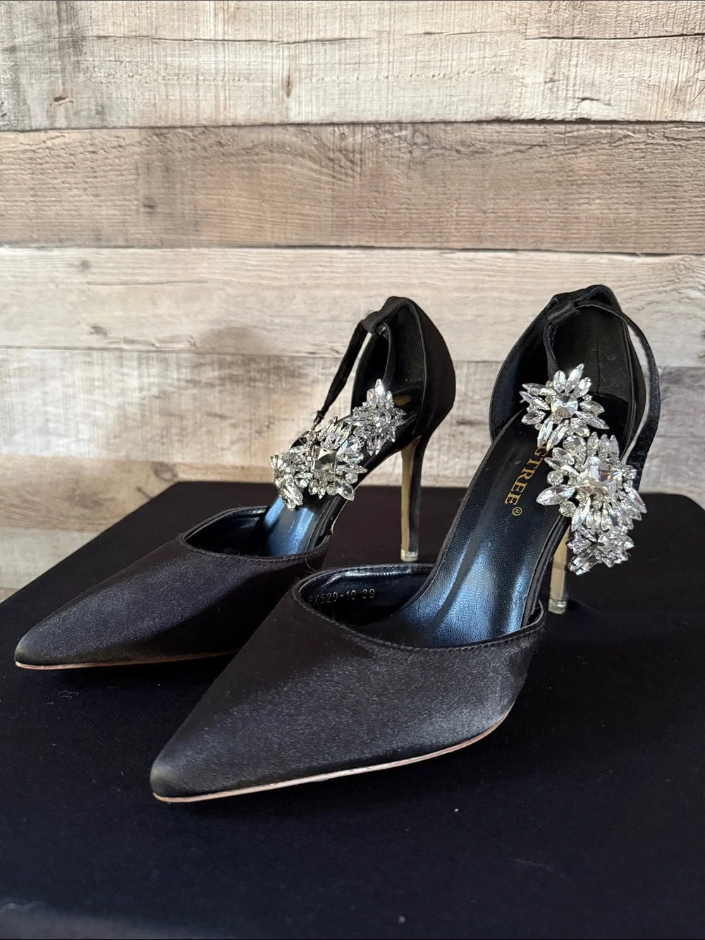 SHEIN Black Satin Pointed-Toe Heels with Rhinestone Floral Clusters